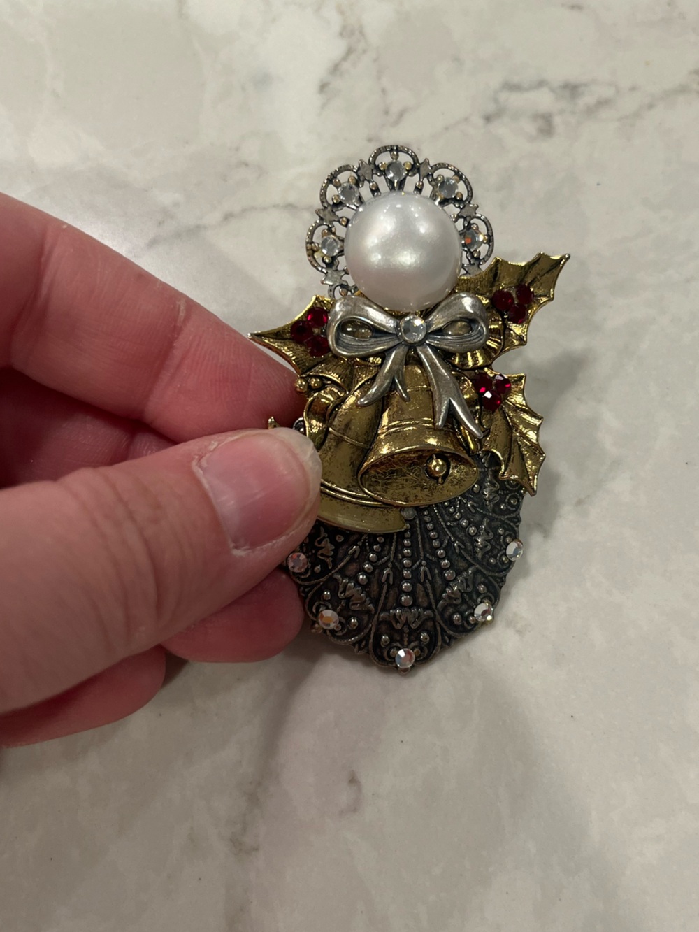 Vintage Festive Gold and faux Pearl Holiday angel and bell Brooch